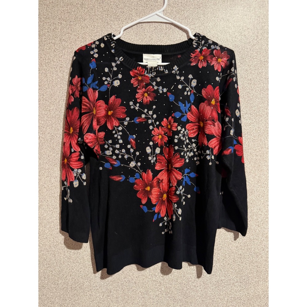 Rebecca Malone Womens Floral Rhinestone Knit Sweater Black Red Large 3/4 Sleeve